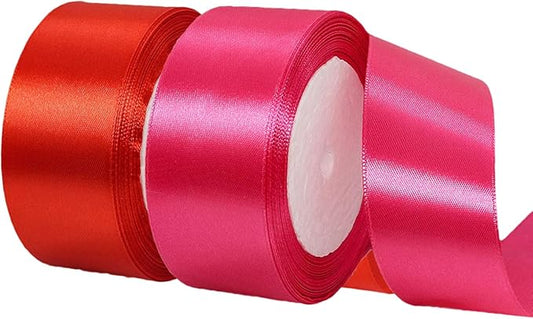 2 Rolls Red Hot Pink Ribbon, 1-1/2 Inch x 50 Yards Satin Fabric Ribbon for Flower Bouquets, Gift Wrapping, DIY Crafts, Birthday Cakes, Holiday, Wedding Party and Mother’s Day Decorations