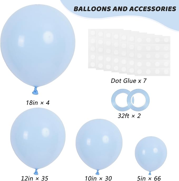 RUBFAC 135pcs Light Baby Blue Balloons Different Sizes 18 12 10 5 Inch for Garland Arch, Latex Pastel Blue Balloon for Baby Shower Gender Reveal Birthday Party Wedding Decorations