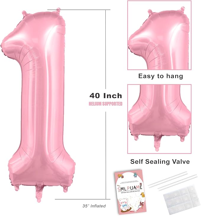Pastel Pink 6 Balloons, 40 Inch Large Light Pink Foil Number Balloons 0-10, Self-Sealing 6th Birthday Balloon for Girls Women Anniversary Baby Shower Princess Party Decorations Supplies