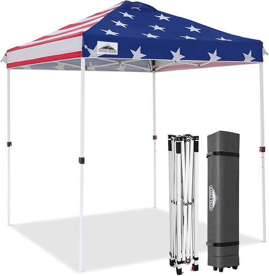 EAGLE PEAK Pop Up Canopy Tent with Wheeled Carry Bag, 8 Stakes, 4 Ropes, Easy Set Up Tent Canopy, 6.6x6.6 ft, American Flag