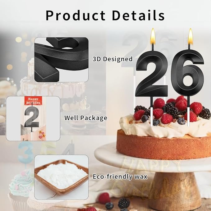 26th Birthday Candles 26 Candles for 26th Birthday Decorations for Boys Happy 26 Birthday Cake Topper Black Birthday Candles Black Number Candles (26)