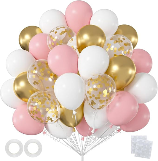 60pcs Pastel Pink and Gold Balloons 12 Inch, Light Pink White Chrome Metallic Gold Confetti Balloon Garland Kit for Baby Shower Girl, Bridal Shower, Birthday Decorations