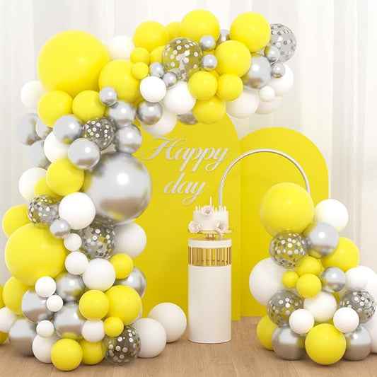 Yellow White Silver Balloon Garland Arch Kit, 122Pcs Yellow White Metallic Silver Latex Balloons for Baby Shower Wedding Birthday Graduation Anniversary Bachelorette Party
