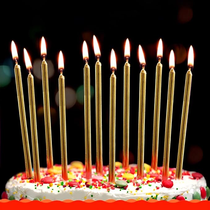 12 Count Long Thin Champagne Gold Birthday Cake Candles in Holders for Birthday Wedding Party Cupcake Decorations Tall Candle Pieces