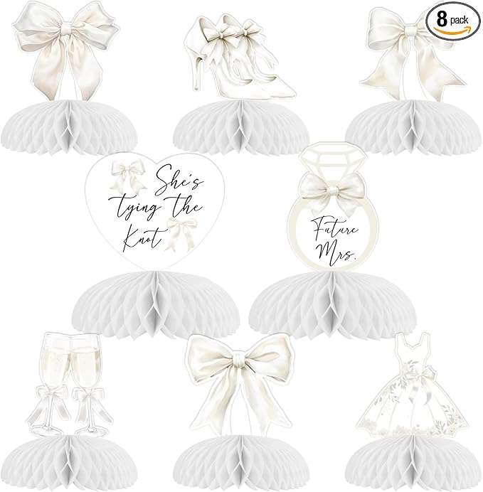 8Pcs White Bow Bachelorette Honeycomb Centerpieces, She's Tying The Knot Bridal Shower Decorations Bowknot Theme Table Toppers for Engagement Decor Supplies
