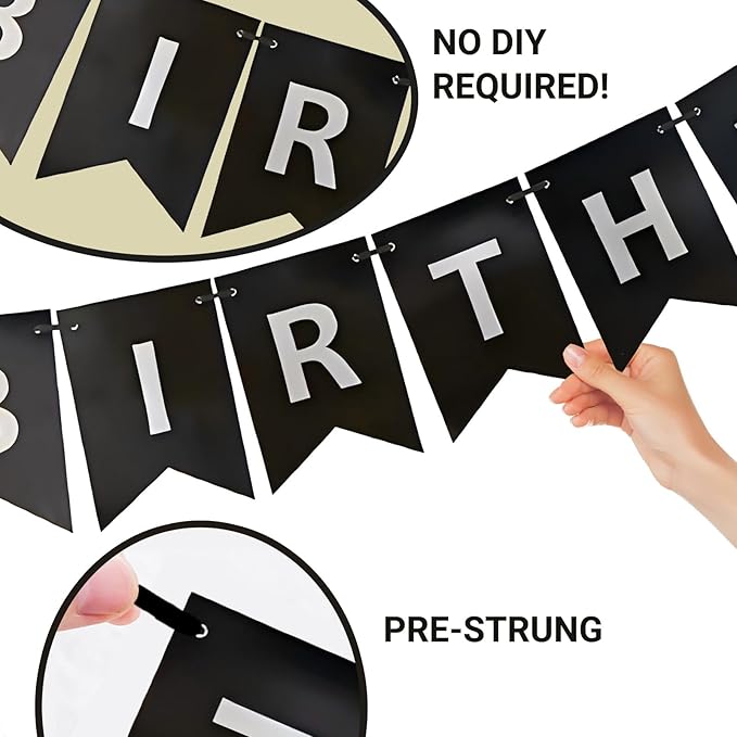 Black Happy Birthday Banner,Pre-Strung Black and Silver Birthday Party Decorations,16ft Hanging Sign for Kids, Girls, Boys, Women – No DIY, Backdrop Supplies
