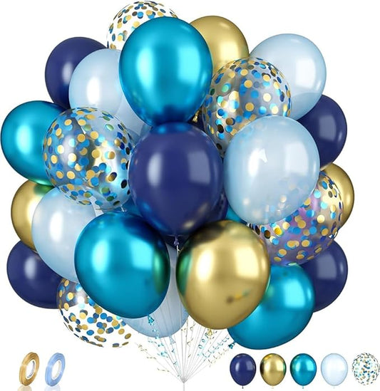 Biapian 60 Pcs Dark Blue Gold Balloons, 12 Inch Latex Balloons for Party Decorations, Unisex Unique Blue Gold Confetti Balloons, Ideal for Birthday, Baby Shower, Wedding, Christening, Event Decoration