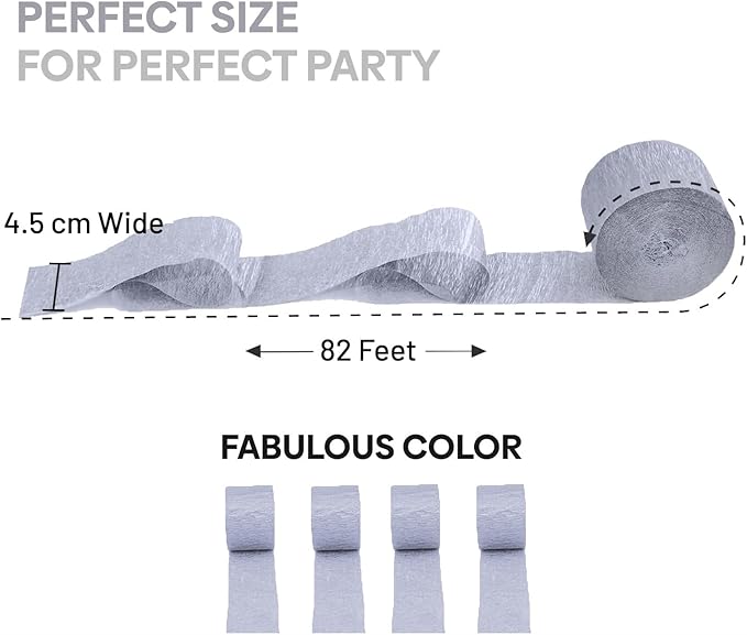 Captain Décor 4 Crepe Paper Streamers Rolls, 328ft Pack of 4 Silver Streamers for Party Decorations, Birthday Streamers, Party Streamers for Wedding Decoration (1.8 inch x 82 ft/Roll)…