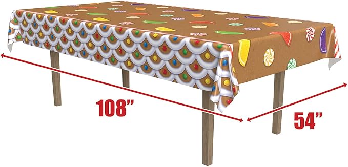 Beistle Gingerbread House Tablecovers, 54” x 108”, 2 Pieces – Plastic Table Cloth, Rectangular Tablecloth, Table Covers for Party, Gingerbread Party Supplies, Christmas Decorations
