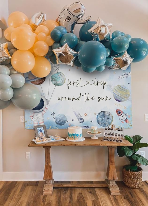 Mocsicka First Trip Around The Sun Backdrop Outer Space 1st Birthday Party Decorations Banner for Boys Kids Galaxy Planets Rocket First Birthday Photography Background (White, 10x8ft(120"x96"))