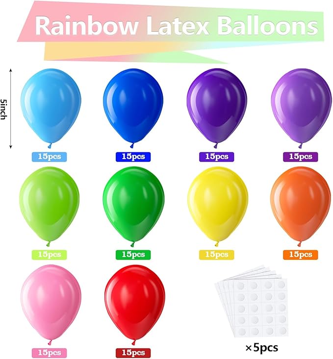 Bezente Assorted Rainbow Latex Balloons - 150 Pack 5 inch Multicolor Helium Balloons for Birthday Bridal Shower Wedding Rainbow Party Decorations