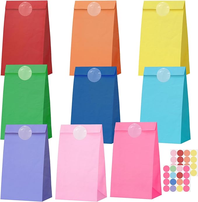 woric 36PCS Colorful Party Favor Bags with Stickers, 9 Colors Small Gift Bags Self Stand Rainbow Goodie Bag for Kids, Baby Shower, Wedding Birthday Party Favor Supplies