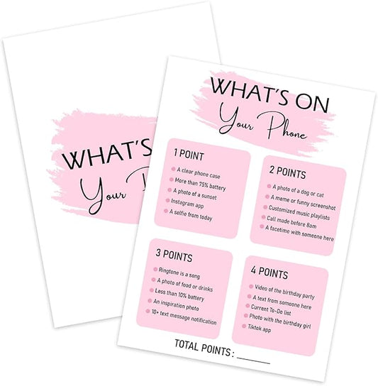 Birthday Party - What's On Your Phone, Birthday Party Activity Favor, Set of 20 Cards, Birthdays Supplies, Activity, Decorations -B02
