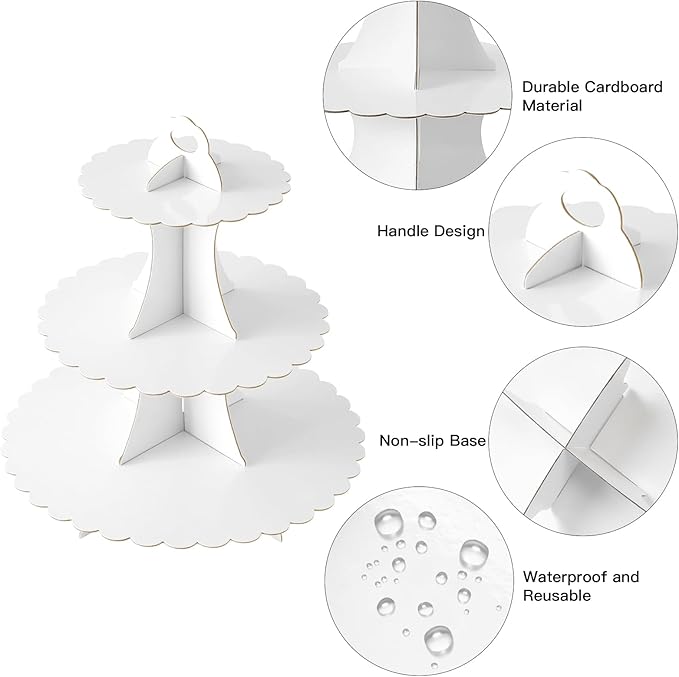 Soleebee 3-Tier Cupcake Stand, Cardboard Cupcake Tower, Dessert Cup Cake Stand Tower for Birthday Wedding Party Decoration, Cupcake Tier Stand 2 Set (White)