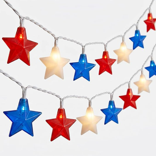 4th of July Decoration Lights, 12FT 20 LED Red White and Blue Star String Lights, Plug in Fairy Lights Waterproof Connectable for Indoor Outdoor Independence Day Decor