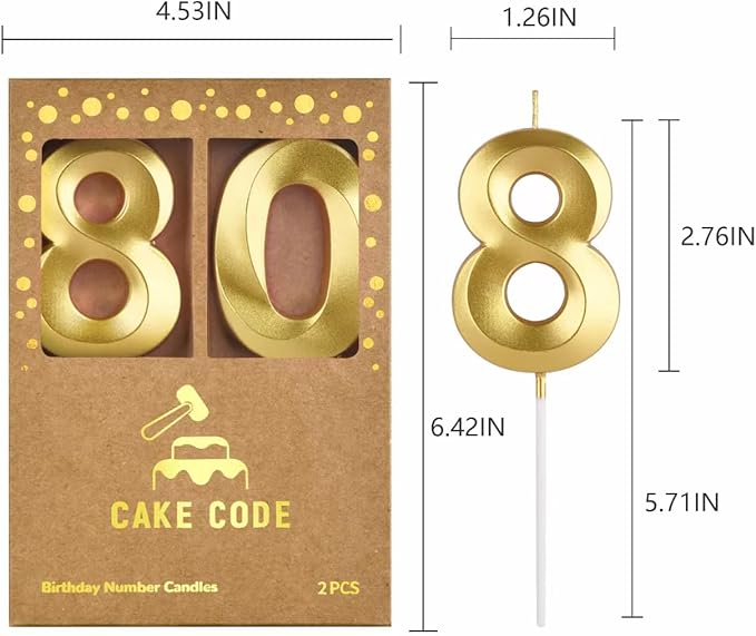 2.76 Inch Diamond Gold 80 Number Birthday Candles, Gold Number Candles, Cake Number Candles, Party Celebration