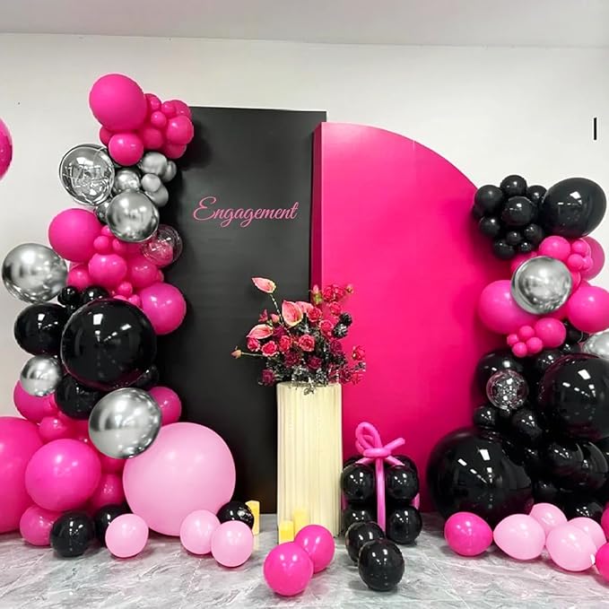 MEBAY Hot Pink Black Silver Balloon Garland Arch Kit, 166Pcs Red Black Pink Silver Balloons for Birthday Graduation Baby Shower Wedding Anniversary Bachelorette Party Decorations