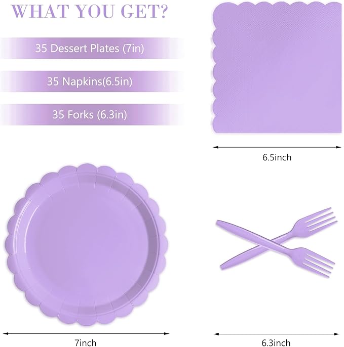 105PCS Paper Plates and Napkins Set, 7 Inch Scalloped Disposable Tableware with Forks for Birthdays, Garden Parties & Outdoor Events, Serves 35 (Light Purple)