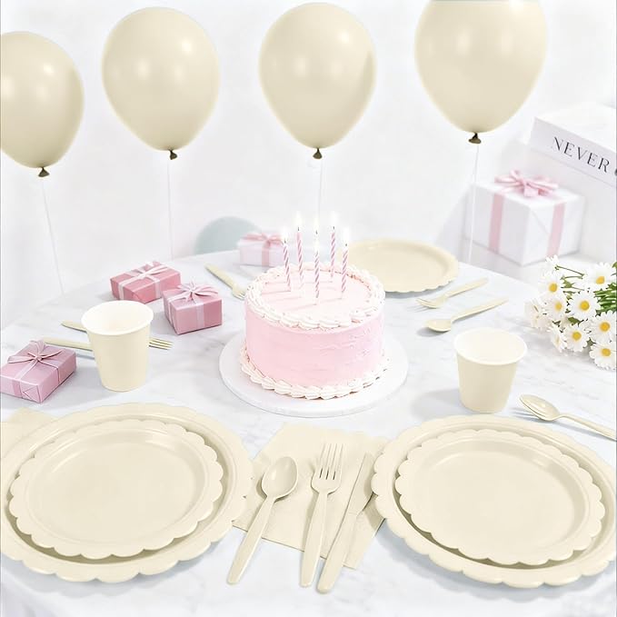 176 PCS Ivory Plates and Napkins - Beige Scalloped Plates, Napkins, Cups, Cutlery, Tablecloth for Baby Shower, Wedding, Birthday Party Decorations, Serves 25