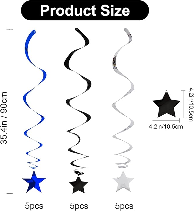 BEISHIDA Blue Black Silver Stars Hanging Swirls Graduation Hanging Ornament Decorations for Birthday Party Retirement Congrats Grade 2026 Graduation Decorations,Pack of 15