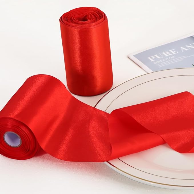 TONIFUL 4 Inch x 22Yards Wide Red Satin Ribbon Solid Fabric Large Ribbon for Cutting Ceremony Kit Grand Opening Chair Sash Table Hair Car Bows Sewing Craft Gift Wrapping Wedding Party Decoration