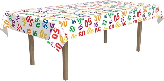 Beistle Number “50” Multicolor Tablecover, Disposable Colorful Plastic Rectangular Table Cloth for Birthday Milestone and 50th Anniversary Parties, Celebrations and Events, 54” x 108”