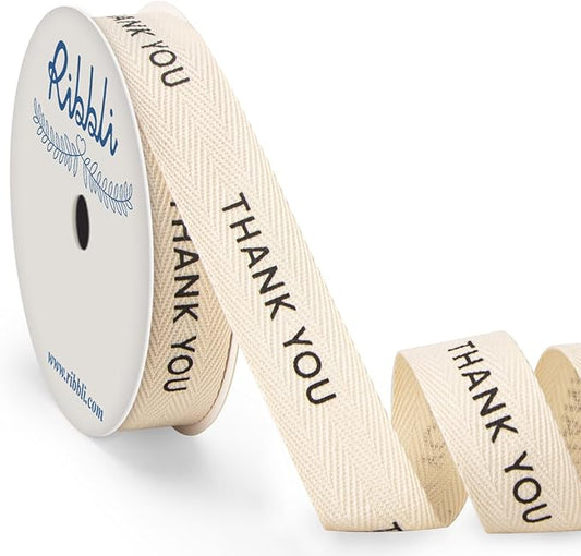 Ribbli Cotton Ribbon Natural Twill Tape Cotton with Black Thank You Printed Farmhouse Ribbon Use for Gift Wrapping Baking Crafts Home Decor-5/8 Inch x 10 Yard