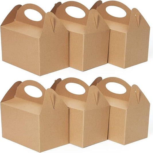 Happyhiram 50 Count Party Favor Boxes Kraft Brown, Treat Boxes with Handles 6" Gable Boxes Candy Party Favor Paper Gift Boxes for Kids Birthday Baby Shower Bridal Shower