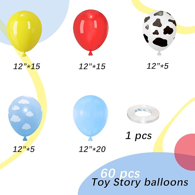 Blue Red Yellow Balloons, 60pcs 12 Inches Cow Pattern Cloud Yellow Red Blue with 1 Ribbon for Birthday Baby Shower Party Decorations