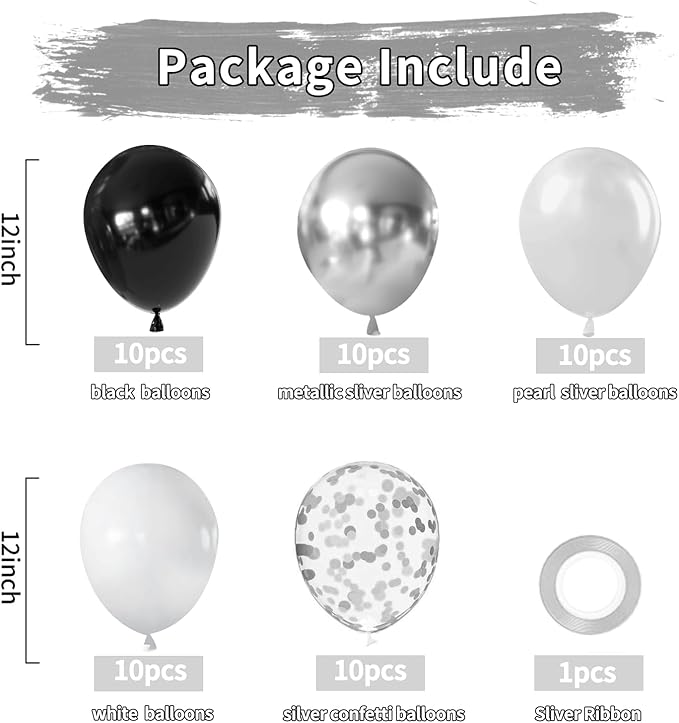 Zesliwy Black Silver Balloons Set,50pcs 12inch Metallic Silver Black White Pearl Silver Balloon with Confetti Latex Balloons for Birthday Wedding Graduation Anniversary Party Decorations