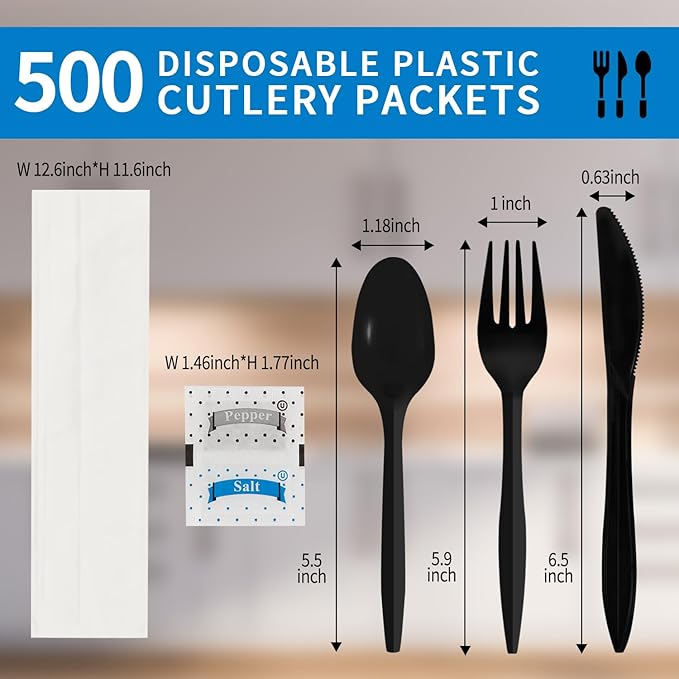 500 Pack Plastic Cutlery Packets, Knife Fork Spoon Napkin Salt Pepper Sets, Individually Wrapped Black Plastic Cutlery Packets for Delivery, Cafeterias, Restaurants