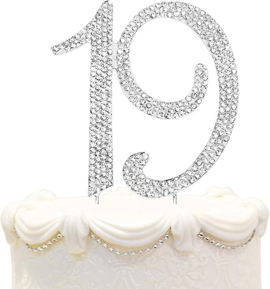 Bling Crystal Rhinestone 19 Birthday Cake Topper - Best Keepsake | 19th Party Decorations Silver