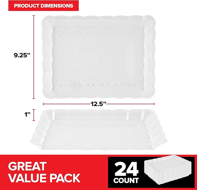 (24 Pcs) Clear Plastic Serving Tray 9x13, Large Plastic Serving Platter Disposable, Rectangle Party Trays and Platters for Fruit, Dessert, Cookies, Appetizers, Food, Entertaining, Holiday Parties