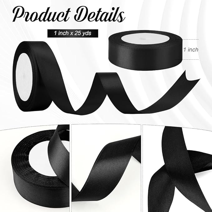 Black Ribbons for Gift Wrapping, Black Satin Ribbon 1 Inch 25 Yards Hair Ribbons for Graduation, Gifts, Christmas Tree, Father'd Day, Party Supplies, Halloween Ribbon