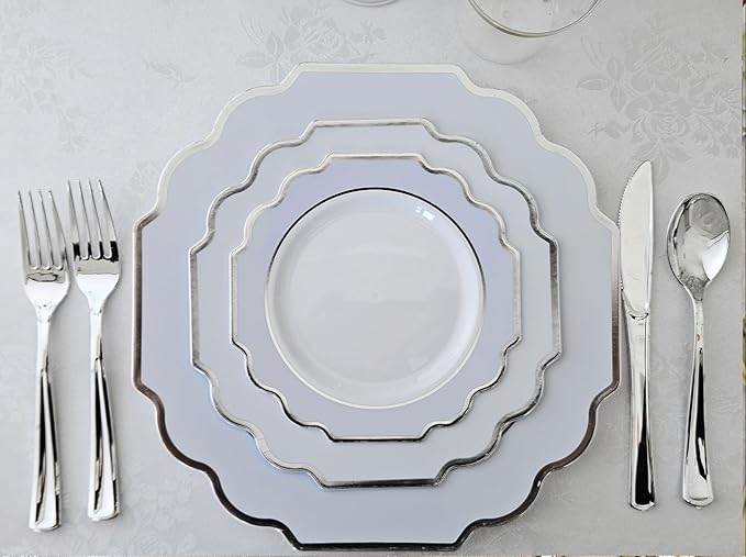 " OCCASIONS " 80 Plates Pack,(40 Guests) Heavyweight Premium Wedding Party Disposable Plastic Plates Set -40 x 10.5'' Dinner + 40 x 8'' Salad/Dessert (Imperial in White/Blue & Silver)
