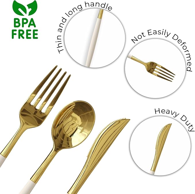 Trendables 120 Pack Disposable Silverware Set - Ivory & Gold Plastic Cutlery Dinnerware - Includes 40 Forks, 40 Spoons, 40 Knives - Party Set