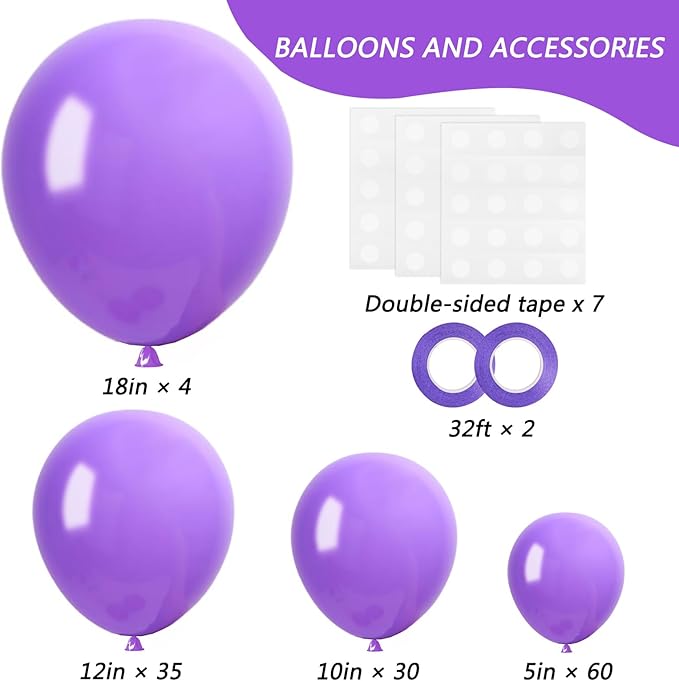 RUBFAC Purple Balloons 129pcs, Lavender Lilac Purple Balloon Arch Kit, Different Sizes 18 12 10 5 Inch for Masquerade Party Decorations Engagement Bachelorette Birthday Bridal Baby Shower Supplies