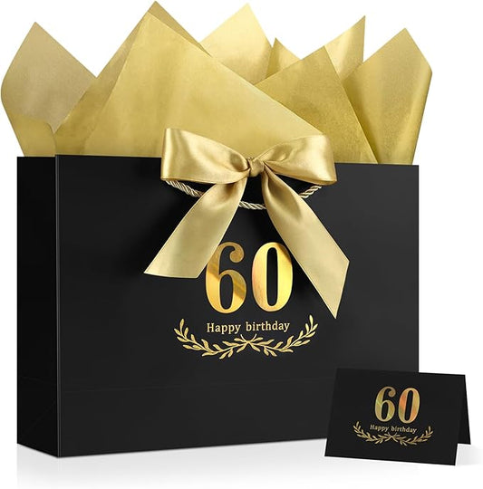 JMANNI Black Gold 60th Birthday Gift Bag with Card and Tissue Paper, 14.2"×9.84"×4.3" Large Present Bag for Men Women, 60 Year Old Birthday Keepsake Party Supplies