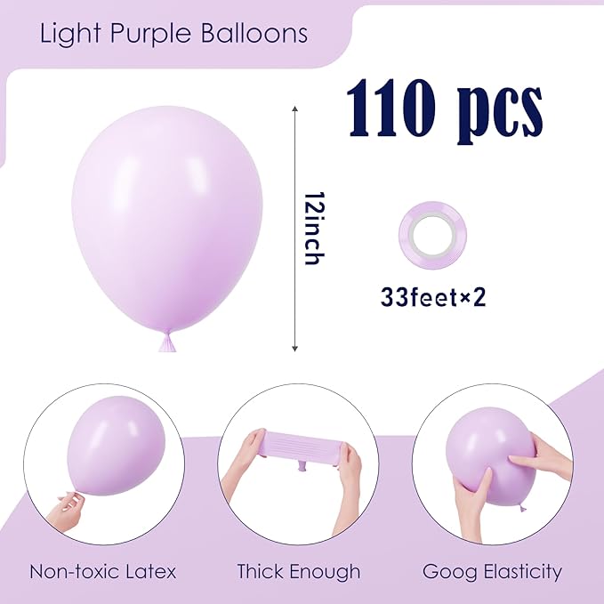 Voircoloria 110pcs Pastel Purple Balloons 12inch Light Purple Latex Party Balloons for Graduation, Easter, Wedding, Birthday, Bridal Shower, Rainbow Party, Baby Shower, Anniversary Party Decorations