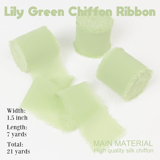 Lily Green Chiffon Ribbon - 1 1/2 Inch x 21 Yards, Handmade Fringe, Silk, Boho Frayed, Green for Weddings & Gift Wrapping