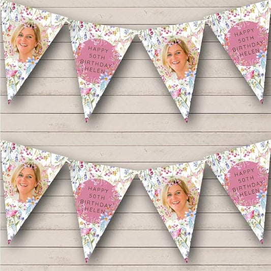 Watercolour Floral Happy Photo Personalized Birthday Party Bunting - Hanging Party Decoration - Birthday Party Banner Garland | Decorative Party Supplies