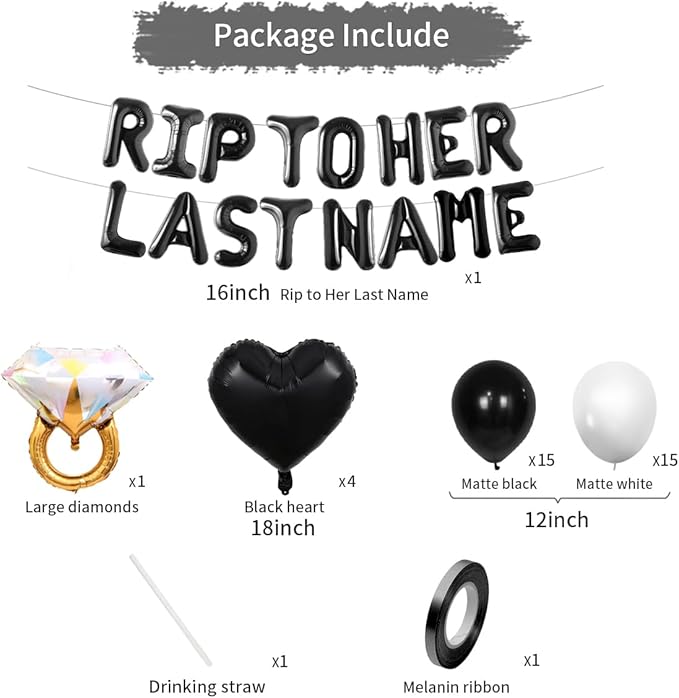 Rip To Her Last Name Balloon Banner Bachelorette Party Decoration, Black Balloons Bridal Shower Party Decor with Balloon for Ring Rip Single Life Bride to be Decor Bride or Die Wedding Engagement