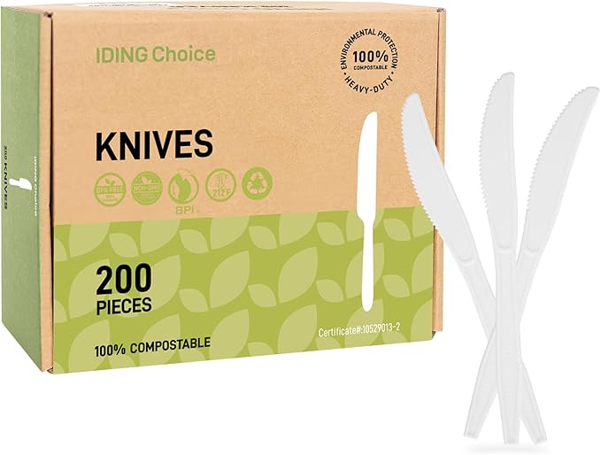 heavy duty 200 knives, 100% Compostable disposable utensils, Eco Friendly Silverware for Party, Wedding, Office, BBQ, Picnic