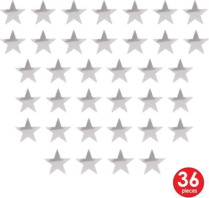 Beistle 36-Pack Foil Silver Star Cutouts, Awards Night Party Decorations for Festive Celebrations & Events, Starry Theme Decor for Wall & Table, 9”