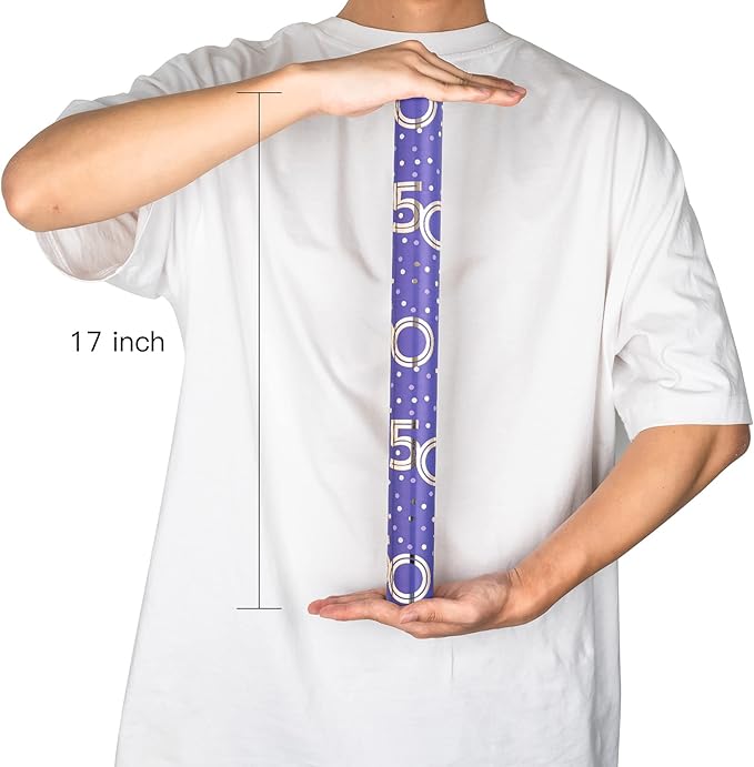 MAYPLUSS Reversible Birthday Wrapping Paper Roll - Mini Roll - 17.3 Inch X 32.8 Feet - Purple 50th Birthday with Glitter Metallic Foil/Stripes (47.3 sq.ft.ttl)