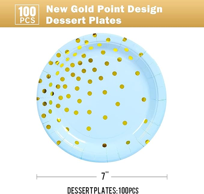 Blue Gold Paper Plates 100PCS,Pink and Gold Dots Dessert Plates,Disposable Round Party Supplies great for Baby Shower,Birthday,Wedding,Bridal Showers(7inch)