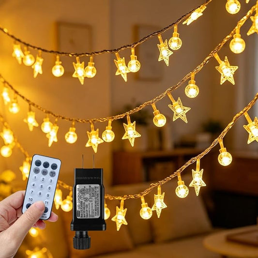 50 Stars & 50 Globes String Lights for Wedding, Party, Holiday Decor - 100 LED, 49.2ft, Remote Control, 8 Modes, IP44 Waterproof, Linkable Plug in Lights for Indoor Outdoor, Backyard, Celebration