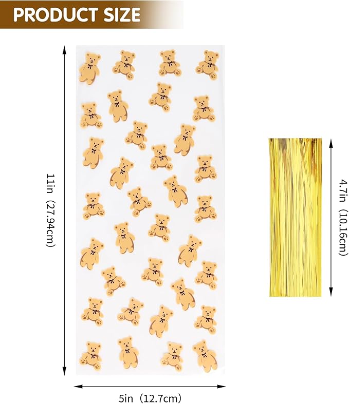 100 Pcs 5 x 11 Inch Clear Cellophane Treat Bags with 100 Gold Twist Ties, Bear Printed Food-Safe Plastic Bags for Gift Wrapping, Birthday, Wedding, Valentine's Day, Party, Classroom Gifts
