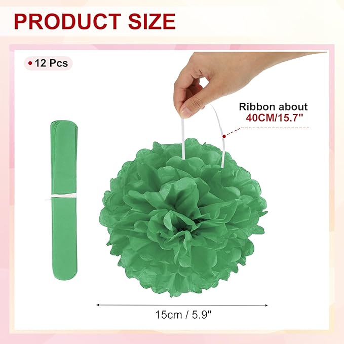 PATIKIL 6inch Tissue Paper Pom Poms, 12PCS Pom Poms Paper Flowers Ball Tissue Paper Flowers for Wedding Bridal Shower Birthday Bachelorette Party Backdrop Decoration, Dark Green