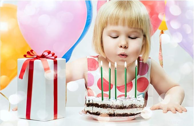 12 Count Long Thin Green Birthday Cake Candles in Holders for Birthday Cupcake Tall Candle 12 Pieces